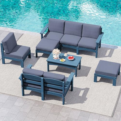 SERWALL 9 Pieces Patio Conversation Set, Outdoor Sectional Sofas, Blue
