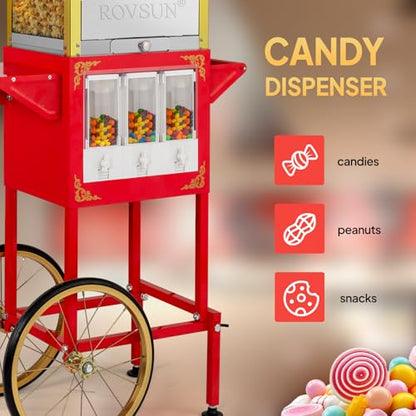 ROVSUN Popcorn Machine Movie Theater Style with Cart & Wheels, 8 Ounce Kettle Makes Up to 32 Cups Popcorn Maker w/Candy Dispensers Scoop Oil Spoon & 3 Popcorn Cups for Commercial Home, ETL Certified