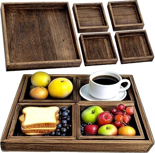 5-Piece Rustic Wooden Serving Tray Set, Handcrafted Nesting Trays with Handles for Ottoman & Coffee Table Decor, Lightweight Paulownia Wood Food Trays for Kitchen, Outdoor Picnic & Parties