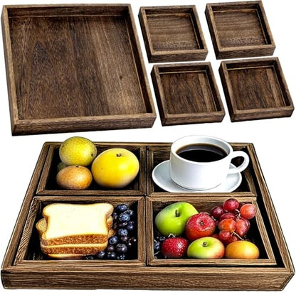 5-Piece Rustic Wooden Serving Tray Set, Handcrafted Nesting Trays with Handles for Ottoman & Coffee Table Decor, Lightweight Paulownia Wood Food Trays for Kitchen, Outdoor Picnic & Parties