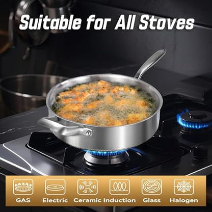 Toutrop Tri-Ply Stainless Steel 8 Quarts Sauté Pan with Lid,13 Inch Induction Deep Frying Pan,Large Skillet, Dishwasher And Oven Safe,Detachable Handle