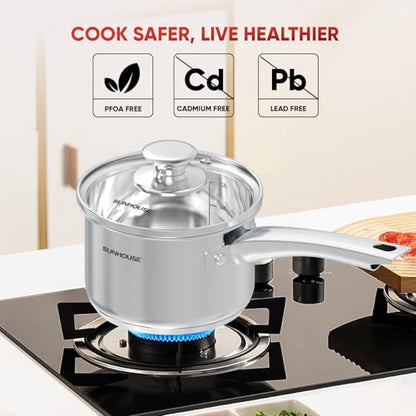 Sunhouse 1.5 QT Stainless Steel Sauce Pan with Lid, Small Pot for Cooking, PFOA-Free, Advanced Impact Bonding Induction Base Mini Saucepan, Compatible with Induction, Ceramic, Gas