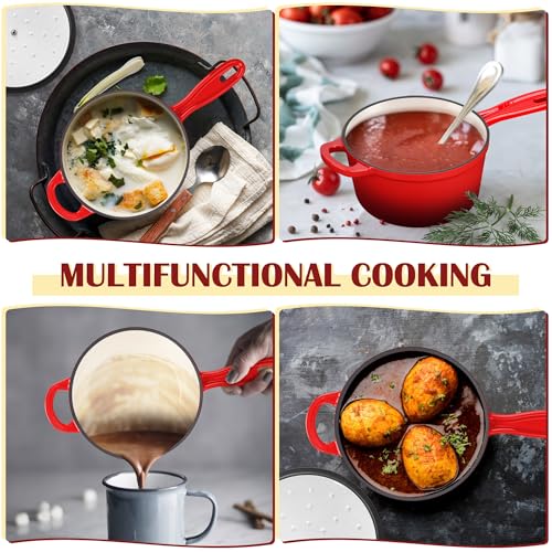 E-far Enameled Cast Iron Sauce Pan with Lid, 1 Quart Dutch Oven Saucepan, Mini Sauce Pot for Cooking, Boiling, Healthy & Non Toxic, Induction & Oven Safe, Red