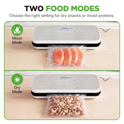 NutriChef Automatic Vacuum Air Sealing System for Food Preservation with Starter Kit, Compact Design, Lab Tested, Dry & Moist Food Modes with Led Indicator Lights, Silver