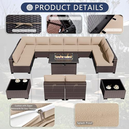 ASJMR Outdoor Patio Furniture Set with Fire Pit Table, 15 Pieces Outdoor Furniture Set Patio Sectional Sofa w/43in Propane Fire Pit, PE Wicker Rattan Patio Conversation Sets - Brown