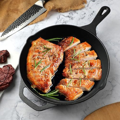 10 Inch Cast Iron Skillet, Pre-Seasoned Frying Pan for Oven, Stovetop, Grill & Campfire, Durable, Non-Toxic, Even-Heating Cookware, Black