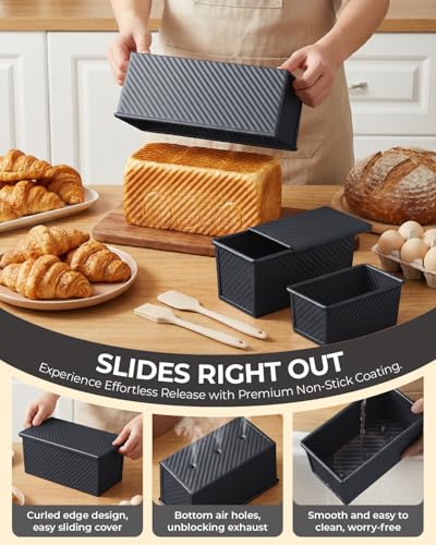 CARTMAN 3-Piece Pullman Loaf Pan with Lid Set – Non-Stick Carbon Steel Bread Pan with Bottom Vents – Includes Large (12.4"), Medium (8.2") & Mini (6.3") Sizes plus Silicone Tools – Classic Black