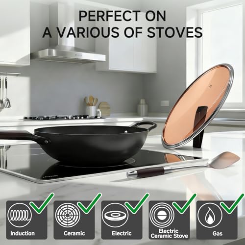 SUMEIGUAN 13.5" Carbon Steel Wok Pan - Pre-Seasoned Flat Bottom Woks & Stir-fry Pans Chinese Cookware with Lid & Spatula - For Pan-fry,Stir Fry, Steam, BBQ & Camping - Compatible with Induction, Gas