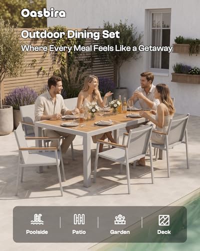 Oasbira Outdoor Dining Set for 10, Aluminum Patio Table and Chairs Set, 12-Piece All Weather Patio Dining Furniture Set with Umbrella Hole for Backyard, Deck, Poolside (White-Teak)