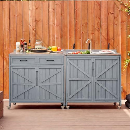 Merax 2 Piece Modular Outdoor Kitchen Series- Kitchen Grill Cart w/Stainless Steel Sink, Wood Rolling BBQ Prep Table w/Stainless Steel Top, Lockable Wheels for Patio & Outdoor Cooking, Grey Blue