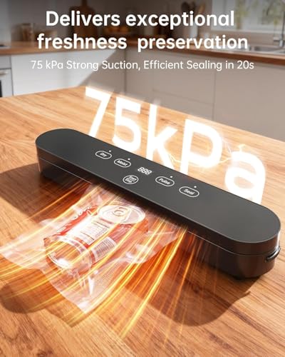 75kPa Vacuum Sealer Machine, Compact Vacuum Sealer for Food, 4-in-1 Food Sealer, Digital Timer, Moist/Dry, Pulse, Seal Modes, with 20 Vacuum Bags, Black