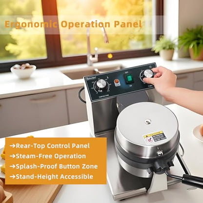 Hehinton® 110V 1300W Commercial Belgian Waffle Maker, Rotatable Croffle Machine with 122-572℉ Temp Control, 0-5min Timer, φ7"X1.2" Thick Non-Stick Liege Waffle Maker