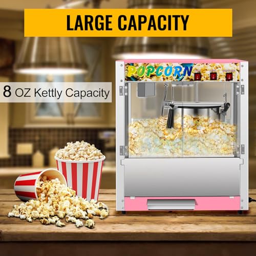 Commercial Popcorn Machine, 8 Oz Kettle, 850 W Countertop Popcorn Maker for 48 Cups per Batch, Popcorn Popper with 3-Switch Control Steel Frame Tempered Acrylic Doors