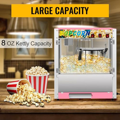 Commercial Popcorn Machine, 8 Oz Kettle, 850 W Countertop Popcorn Maker for 48 Cups per Batch, Popcorn Popper with 3-Switch Control Steel Frame Tempered Acrylic Doors