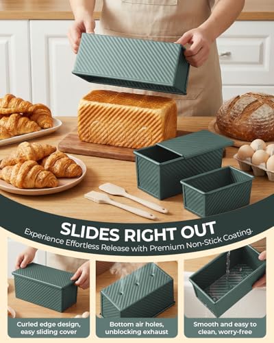 CARTMAN 3-Piece Pullman Loaf Pan with Lid Set – Non-Stick Carbon Steel Bread Pan with Bottom Vents – Includes Large (12.4"), Medium (8.2") & Mini (6.3") Sizes plus Silicone Tools – Sage Green