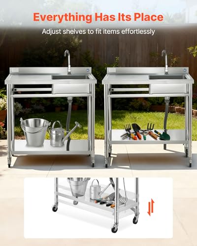 VEVOR Stainless Steel Utility Sink, Rolling Single Bowl Commercial Kitchen Sink with Wheels,Faucet and Hot & Cold Water Pipe,Utility Basin Workbench for Garage Restaurant Laundry 39.4 x 19.7 x 41.5 in