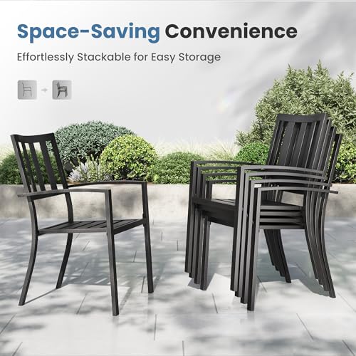 PHI VILLA 5 Piece Outdoor Table and Chairs, Patio Dining Set for 4,37" Black Square Metal Table and Stackable Wrought Iron Chairs with Umbrella Hole for Patio, Deck, Porch, Backyard