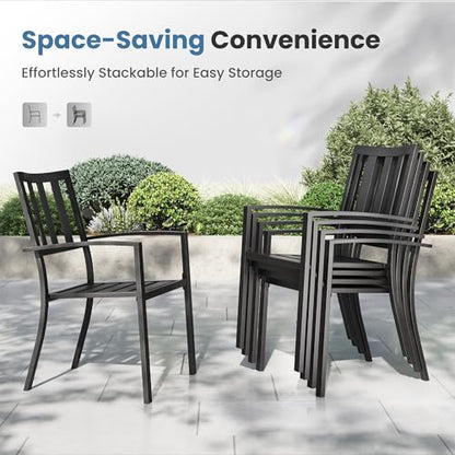 PHI VILLA 5 Piece Outdoor Table and Chairs, Patio Dining Set for 4,37" Black Square Metal Table and Stackable Wrought Iron Chairs with Umbrella Hole for Patio, Deck, Porch, Backyard