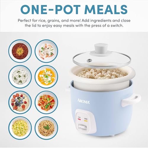 AROMA® Mini Rice Cooker, 2-Cup (Uncooked) / 4-Cup (Cooked), Grain Cooker, Soup Maker, Oatmeal Cooker, Auto Keep Warm, 1 Qt, Blue, ARC-302NGBL