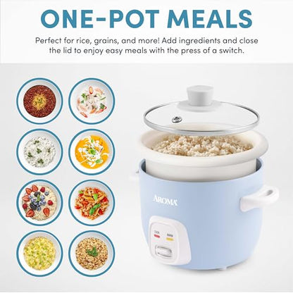 AROMA® Mini Rice Cooker, 2-Cup (Uncooked) / 4-Cup (Cooked), Grain Cooker, Soup Maker, Oatmeal Cooker, Auto Keep Warm, 1 Qt, Blue, ARC-302NGBL