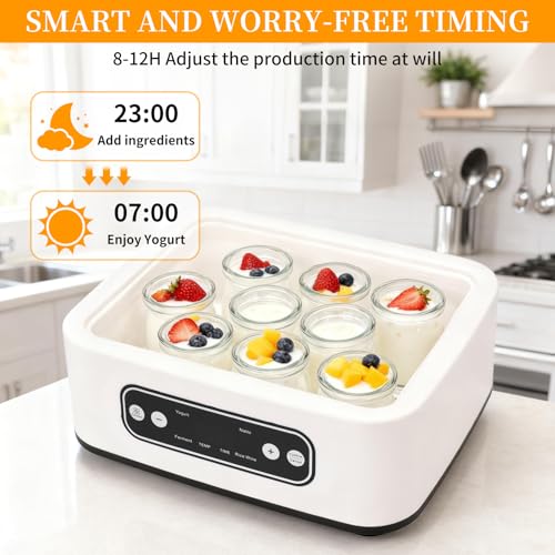 Homemade Greek yogurt comes with 9 jars, temperature control and intelligent timer, multi-purpose rice wine, fermentation, natto, etc (White)