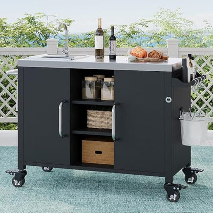 JIJIWANG 55.5" Black Kitchen Island with Sink, Metal Grill Cart Table with 304 Stainless Steel Sink, Outdoor Patio Bar Cart Sink Station with 4 Lockable Wheels for Pizza Prep L 55.5" x W 20" H 36.7"
