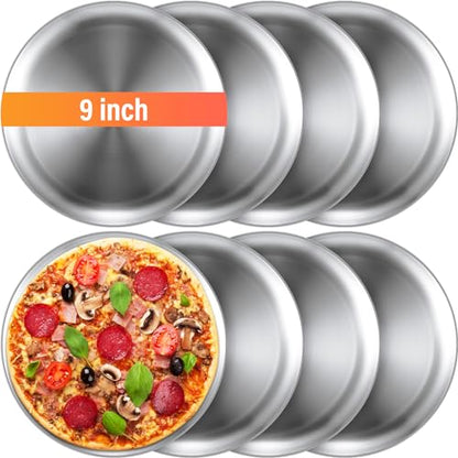 Thenshop 8 Pieces 9 Inch Pizza Pans Bulk Stainless Steel Sets Round Bakeware Pizza Trays for Oven Kitchen Baking Home Restaurant Safe Sturdy Reusable Easy Clean(Silver)