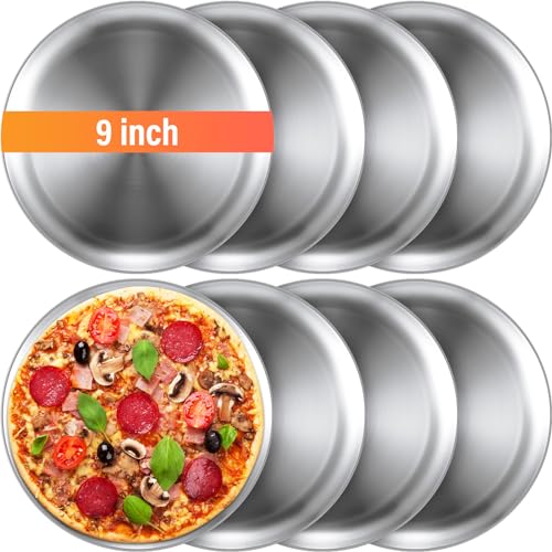 Thenshop 8 Pieces 9 Inch Pizza Pans Bulk Stainless Steel Sets Round Bakeware Pizza Trays for Oven Kitchen Baking Home Restaurant Safe Sturdy Reusable Easy Clean(Silver)