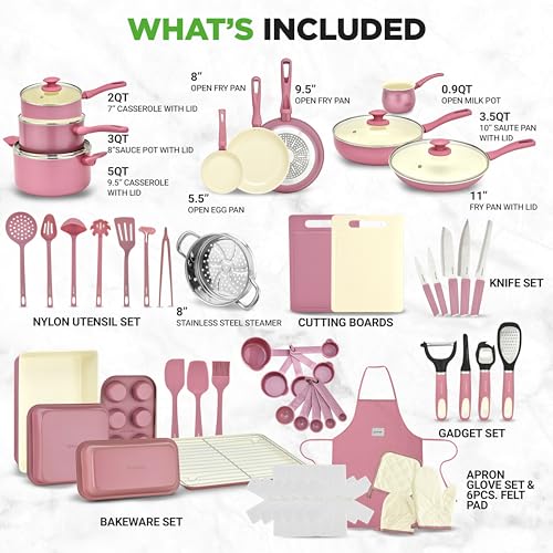 NutriChef 54-Piece Kitchen Cookware Set – Complete Non-Stick Ceramic Pots and Pans Set with Utensils, Bakeware, and Knife Set, Gas, Electric & Induction Compatible, Blush Pink Kitchen Essentials