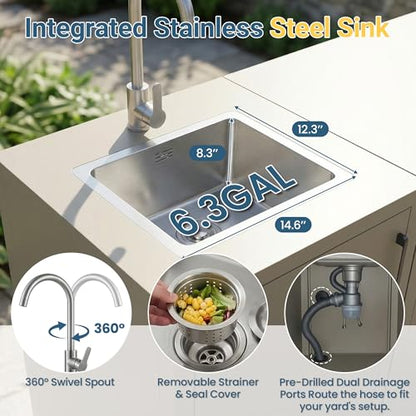 Wisteria Lane Outdoor Storage Cabinet with Stainless Steel Sink, Aluminum Modular Outdoor Kitchen, All Wheather Kitchen Island with Storage, Patio Bar Table for BBQ, Porch，Backyard
