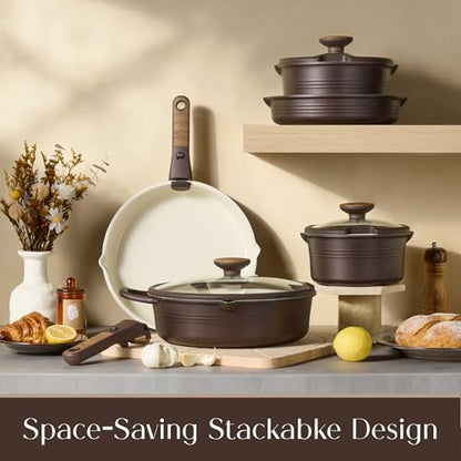 CAROTE 22Pcs Titanium Cookware Set, Pots and Pans Set Non Stick, Kitchen Cooking Set with Detachable Handle, Non Toxic Induction Cookware, Dishwasher/Oven Safe, Brown