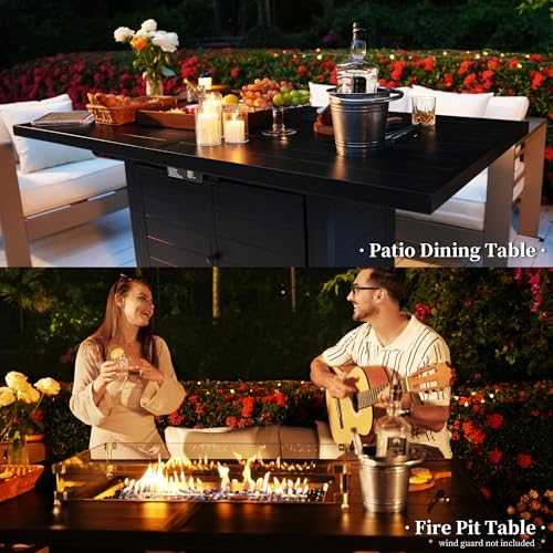 PIZZELLO 7 Pcs Outdoor Furniture Set w/ 60" Firepit and 6 Pieces Patio Chairs, 50,000 BTU Aluminum Gas Fire Table and Stackable Dining Chairs, Outdoor Conversation Dining Set of 6 for Backyard
