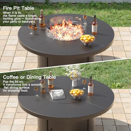 Kurapika 7 Piece Metal Outdoor Patio Furniture Set with Round Fire Pit Table, Patio Conversation Sets 6 Swivel Chairs with Thick Cushion and 40000 BTU Fire Pit Table, Sand