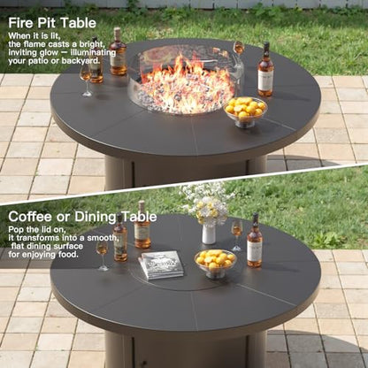 Kurapika 7 Piece Metal Outdoor Patio Furniture Set with Round Fire Pit Table, Patio Conversation Sets 6 Swivel Chairs with Thick Cushion and 40000 BTU Fire Pit Table for Deck, Navy Blue