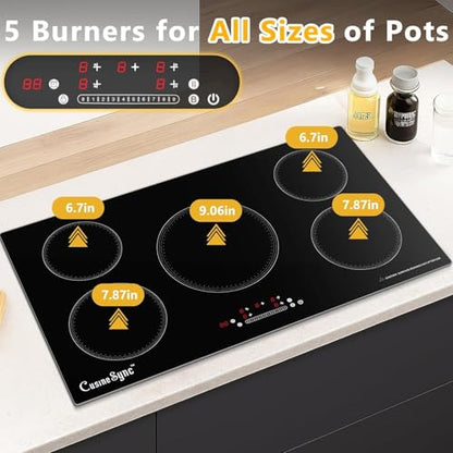 36 Inch Induction Cooktop, 5 Burner Built-In Electric Stove Top, 10800W High Output 240V Hardwired, Touch Control with Power Boost, 9 Power Levels, Timer, Child Lock & Residual Heat Indicator