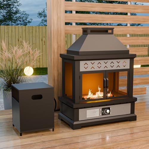 EAGLE PEAK Outdoor Propane Fireplace 50,000 BTU Gas Fireplace with Locking Mesh Doors with Storage & Adjustable Flame, Patio Heater for Decks Backyards, Black/Gray