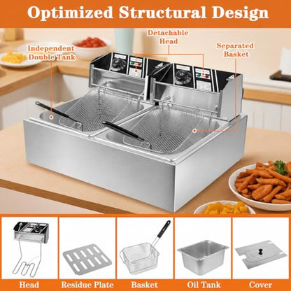 CooFel 20QT Electric Deep Fryer with Dual Baskets & Lids, 5000W Commercial Countertop Stainless Steel Double Tank Fryer with Temperature Control, for Restaurant & Home Use