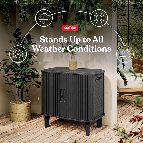 Keter Velo 30 Gallon Outdoor Storage Cabinet, Weather-Resistant Resin Deck Box with Steel Reinforcement, Lockable, Wood-Look Finish, Graphite