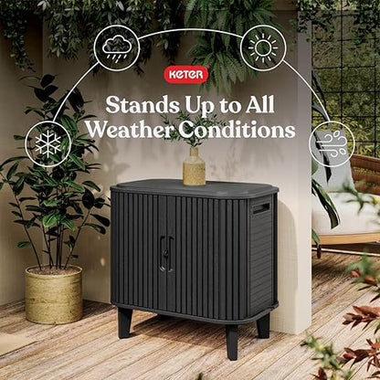 Keter Velo 30 Gallon Outdoor Storage Cabinet, Weather-Resistant Resin Deck Box with Steel Reinforcement, Lockable, Wood-Look Finish, Graphite