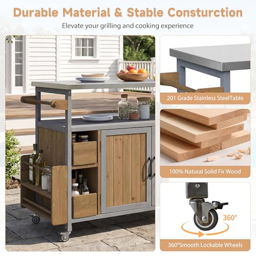 Christopher Knight Home Edsel Outdoor Bar Cart with Stainless Steel Top and Lockable Wheels, Solid Wood Outdoor Storage Cabinet, Kitchen Island Serving Cart for Poolside, Walnut Brown+Blue Gray