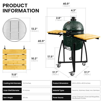 London Sunshine 15-inch Ceramic Kamado Charcoal BBQ Grill & Smoker with Locking Casters, Foldable Side Shelves, Stainless Steel Grates, and Tall Stand (Green)