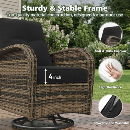 Aoxun 11 Piece Outdoor Patio Furniture Set with 44'' Fire Pit Table, Wicker Rattan Outdoor Furniture with High Back Swivel Rocker Chairs, Outdoor Sofa Set with Thick Cushion & Side Table, Black