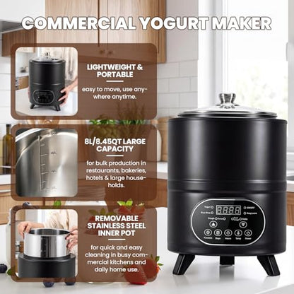NEWTRY 8L/8.45qt Yogurt Maker, 110V Commercial Yogurt Maker Machine with Time and Temperature Control, Large Capacity Stainless Steel Inner Pot, for Dough Proofing, Rice Wine, Fruit Vinegar