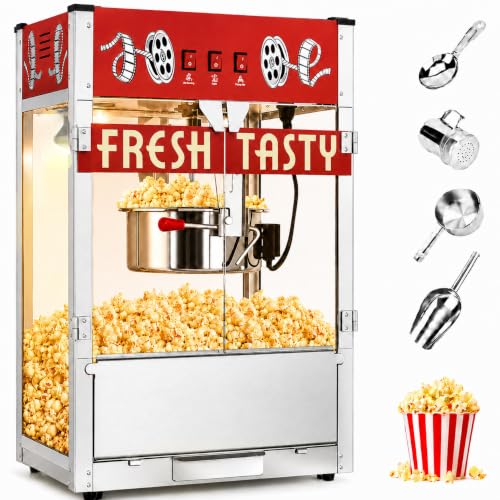 32 Oz Commercial Popcorn Machine, Large Popcorn Maker Machine, Movie Theater Countertop Pop Corn Machine with 3-Switch Control & Tempered Glass Doors, Red