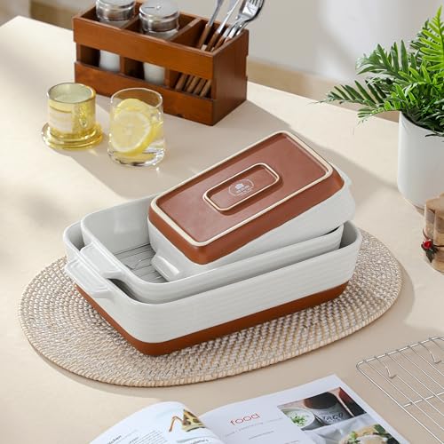 MALACASA Casserole Dishes for Oven with Roasting Racks, Ceramic Baking Dishes Set of 3, Baking Pan Casserole Dish Set, Rectangular Lasagna Pan Deep with Handles for Baking, Khaki White (14.5''/13''/10.5''), Series TARA