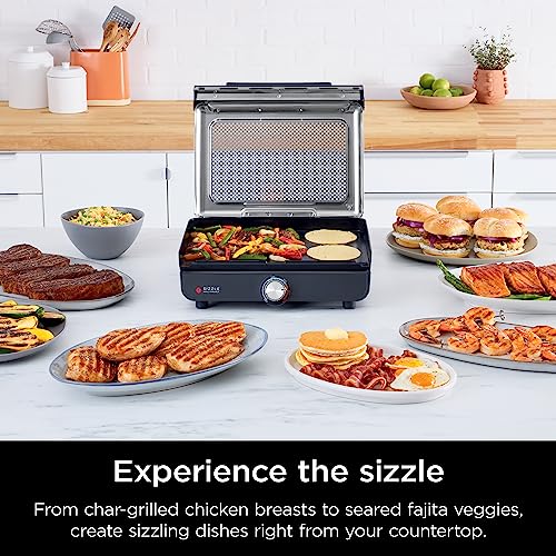 Ninja GR101 Sizzle Smokeless Indoor Grill & Griddle, 14′′ Interchangeable Nonstick Plates, Dishwasher-Safe Removable Mesh Lid, 500F Max Heat, Even Edge-to-Edge Cooking, Grey/Silver (Renewed)