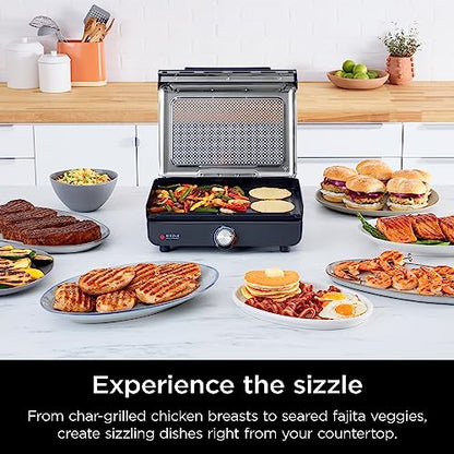 Ninja GR101 Sizzle Smokeless Indoor Grill & Griddle, 14′′ Interchangeable Nonstick Plates, Dishwasher-Safe Removable Mesh Lid, 500F Max Heat, Even Edge-to-Edge Cooking, Grey/Silver (Renewed)