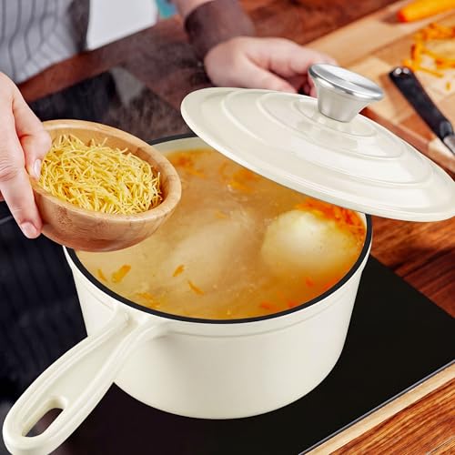 1Qt Enameled Cast Iron Sauce Pan, Leonyo Dutch Oven Pot with Lid, Non Stick Cooking Simmer Pots Induction Kitchen Cookware for All Cooktops Baking Bread, Soup, Ramen - Up to 500°F, Cream White