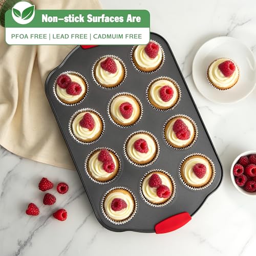 Tiawudi Muffin Pan, Nonstick Cupcake Pan Set, 2 Pack Heavy Duty Muffin Tins for Baking, 12-Cup Regular and 24-Cup Mini Bareware Tray with Silicone Grip Handles