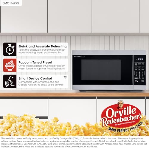 SHARP Countertop Microwave Oven Compatible with Alexa Orville Redenbacher's Certified with Removable 12.4" Carousel Turntable, 1000 Watt, 1.1 Cubic Feet, Stainless Steel
